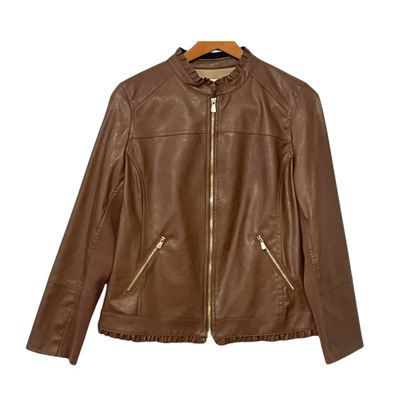 Chico's Sz 1 M 8-10 Brown Faux Leather Jacket Zip Up Ruffle Trim Gold Hardware - Picture 1 of 13
